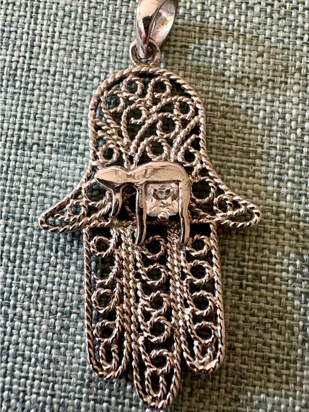 925 filigree Hamsa & Chai pendant with small inset square stone